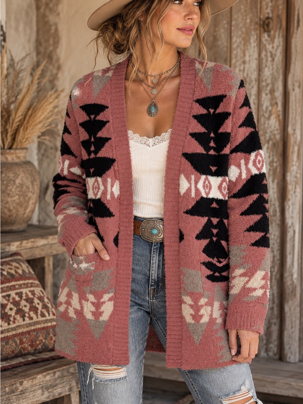 🌵Southwestern Aztec COZY Fuzzy Open Front Cardigan Pink Black EST. M